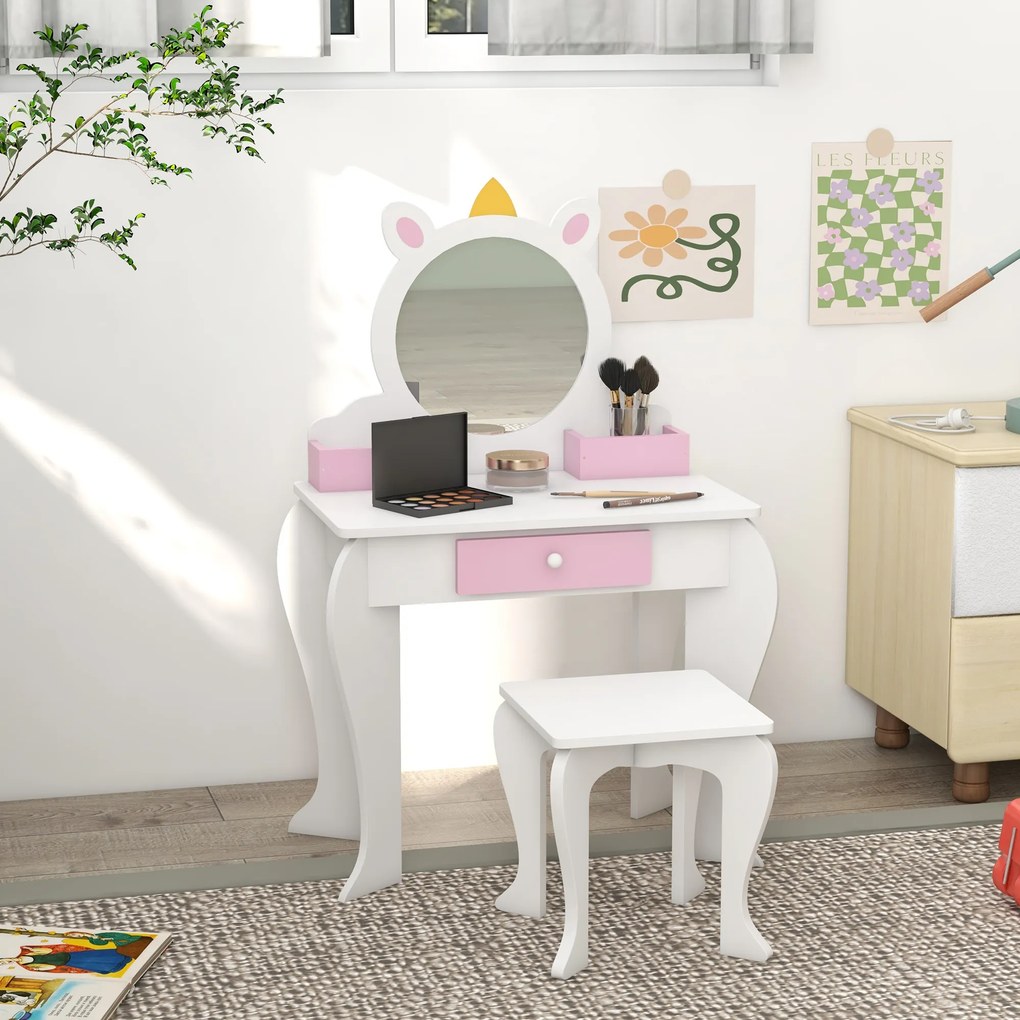 ZONEKIZ Set de Toaletă pentru Fete cu Taburet și Oglindă, Design Unicorn | Aosom Romania