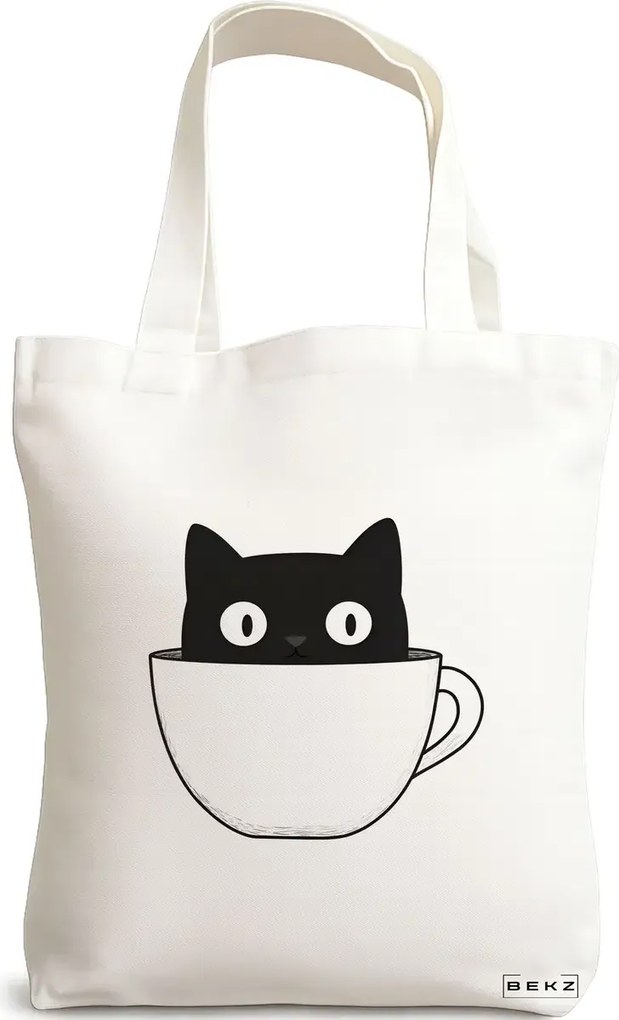 Sacosa de Panza pentru Cumparaturi, Geanta Tote, model Caffeine Cat 14 38 x 34.5 cm, Alba, BEKZ®