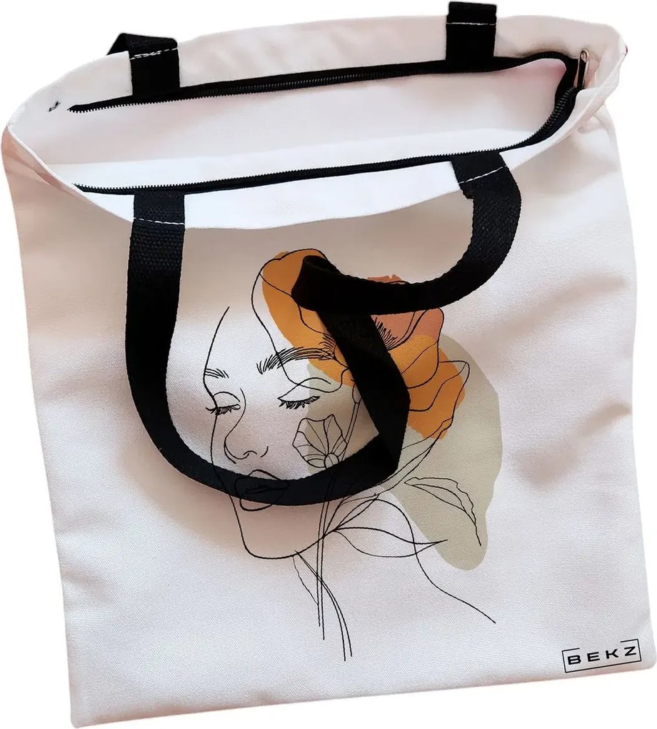 Sacosa de Panza pentru Cumparaturi, Geanta Tote, Flower Lady 12, Cu fermoar, 38x34.5 cm, Alba, BEKZ®