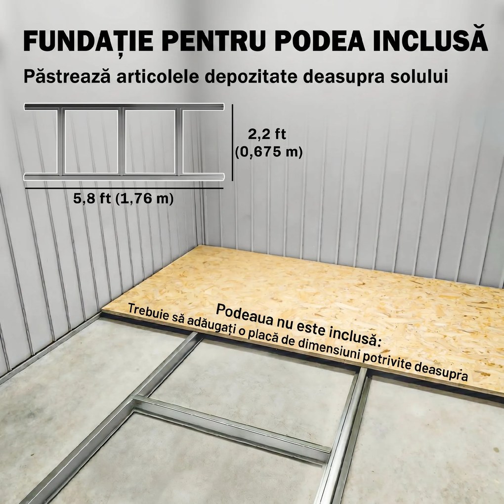 Outsunny Magazie 6,5 x 4 FT din metal galvanizat cu fundatie pentru gradina, Depozit cu incuietoare pentru unelte, Gri