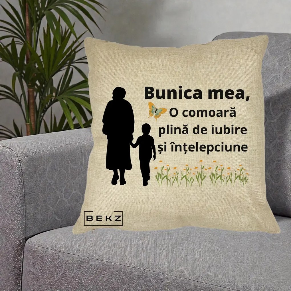 Cadou pentru Bunica - Perna Personalizata Bunica Mea Comoara cu Fluture si Baietel, 40x40 cm, Crem, Husa Detasabila, Perna Inclusa, BEKZ®