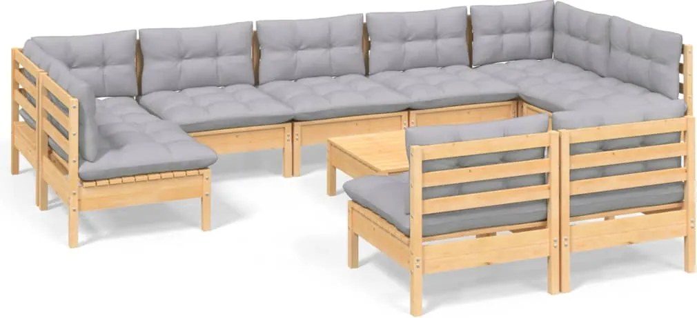 vidaXL Set mobilier de grădină cu perne, 10 piese, gri, lemn masiv pin