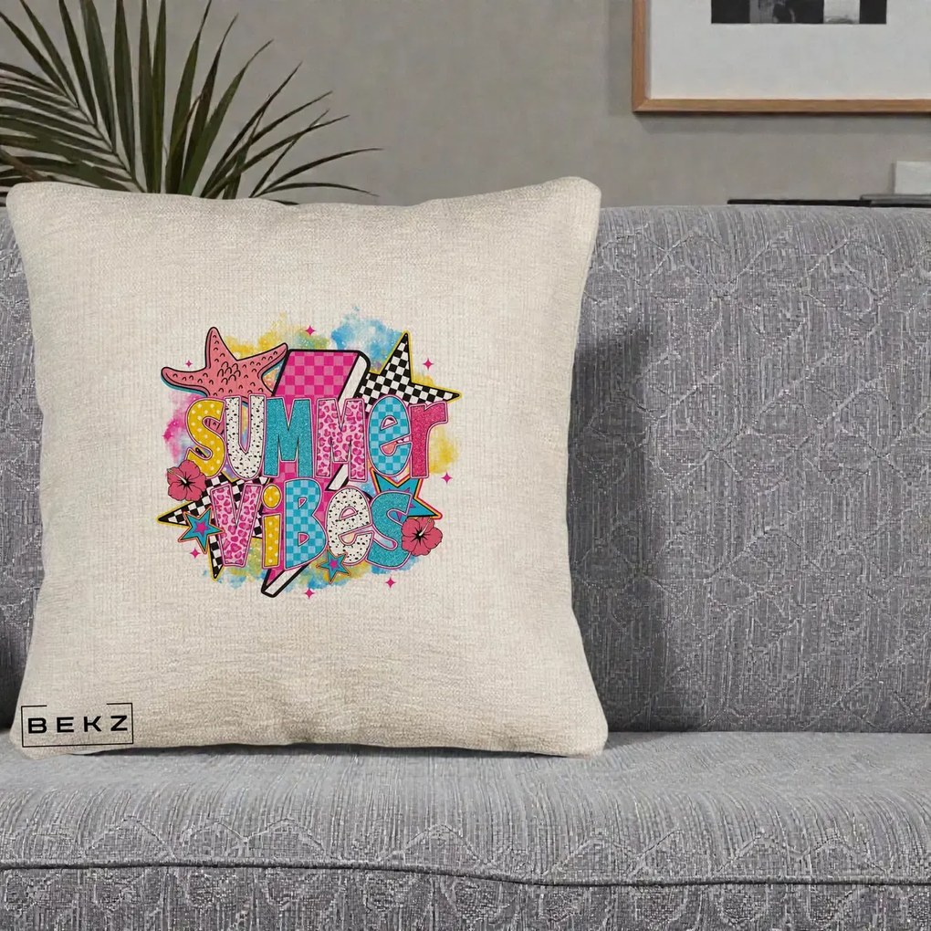 Perna Decorativa Summer Vibes Colorata, 40x40 cm, Bej Canapea, Husa Detasabila, Perna Inclusa, BEKZ®