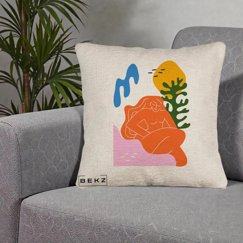 Perna Decorativa Femeie Portocalie Relaxata, 40x40 cm, Bej Canapea, Husa Detasabila, Perna Inclusa, BEKZ®