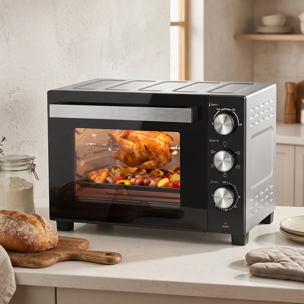 HOMCOM Cuptor Electric 1500W 28L cu Temperatură Reglabilă până la 230°C, Timer 60 min, Grătar, Tavă și Mâner pentru Tavă | Aosom Romania