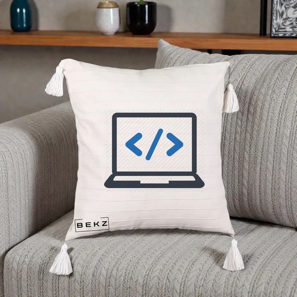Perna Personalizata Laptop Cod HTML, 40x40 cm, Bej cu Franjuri, Husa Detasabila, Perna Inclusa, BEKZ®