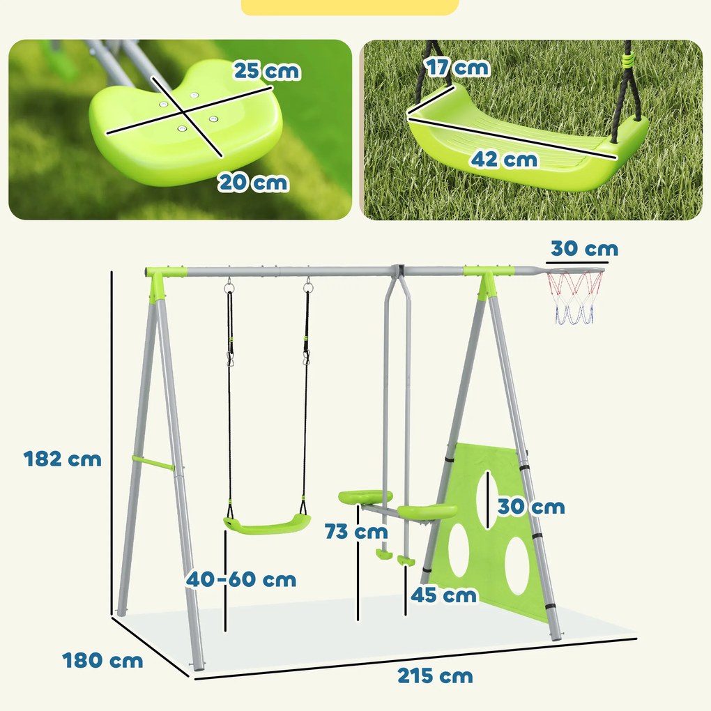 AIYAPLAY Leagăn de Grădină 4 în 1 pentru Copii cu Coș de Baschet și Poartă de Fotbal, 215x180x182 cm, Verde | Aosom Romania