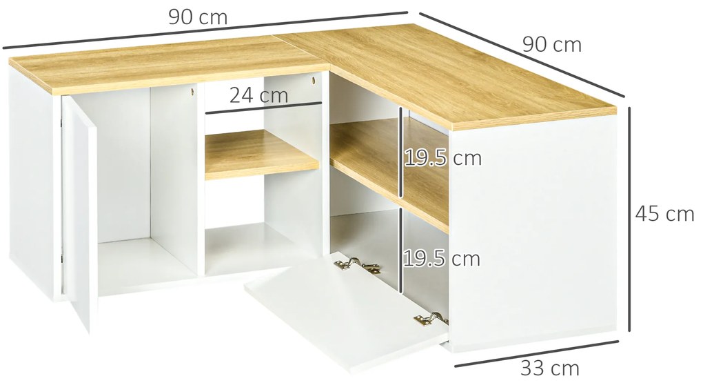 Dulap TV în formă de L pentru televizor de 40" cu 3 rafturi deschise și 2 dulapuri, din PAL, 90x90x45 cm, stejar și alb HOMCOM | Aosom RO