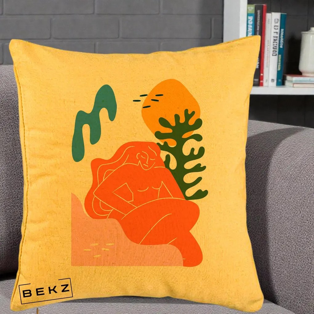 Perna Decorativa Femeie Portocalie Relaxata, 40x40 cm, Galben, Husa Detasabila, Perna Inclusa, BEKZ®