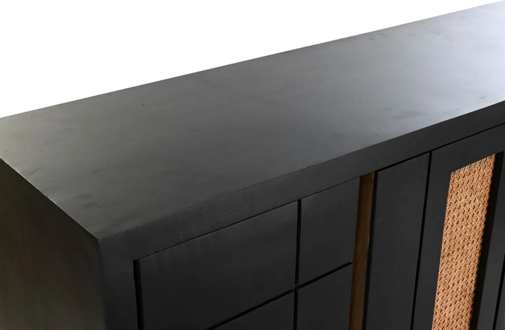 Bufet negru retro, din lemn de mango, cu 4 uși cu panouri din ratan împletit și picioare înclinate din metal, 90 x 160 x 40 cm, „Chaumont”