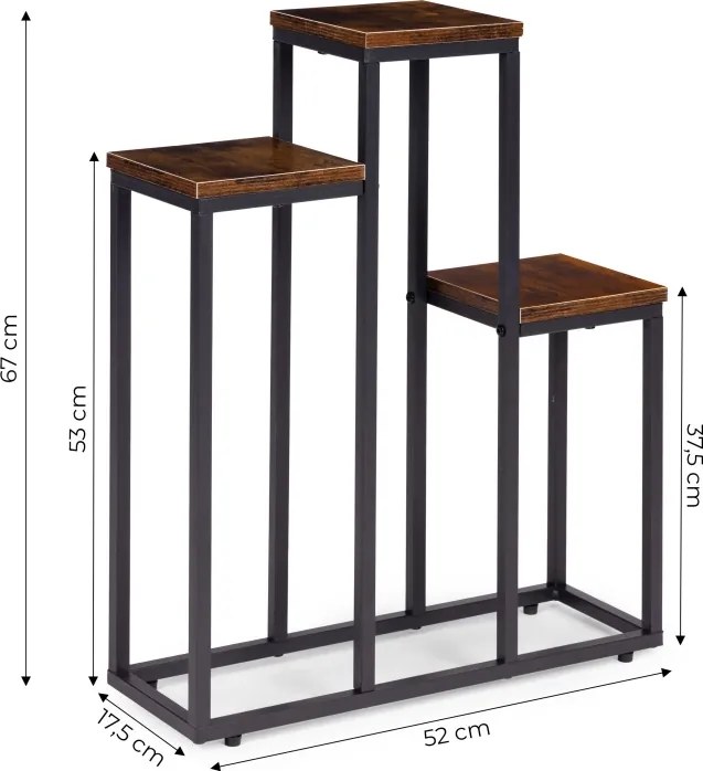 Suport pentru flori Loft - suport metalic pentru flori cu 3 rafturi și decor din lemn