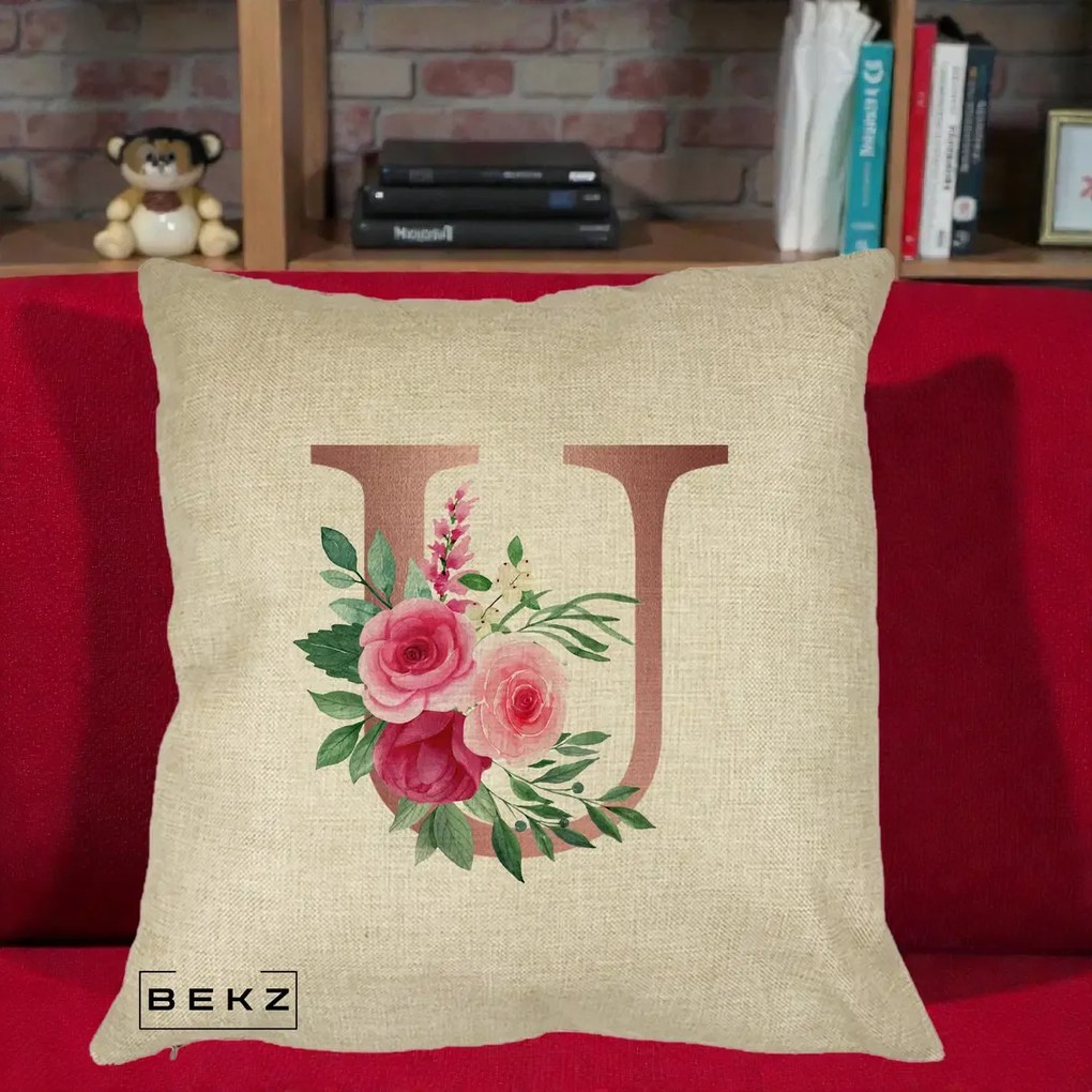 Cadou Personalizat - Perna Personalizata Monograma Rose Gold Litera U, 40x40 cm, Crem, Husa Detasabila, Perna Inclusa, BEKZ®
