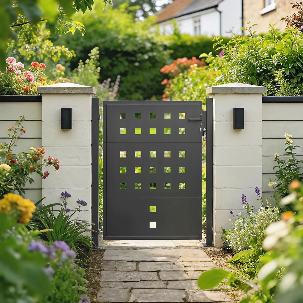 Outsunny Poartă din oțel galvanizat Poartă metalică cu mâner încuietoare 3 chei închidere Poartă 105x130 cm Gri închis | Aosom Romania