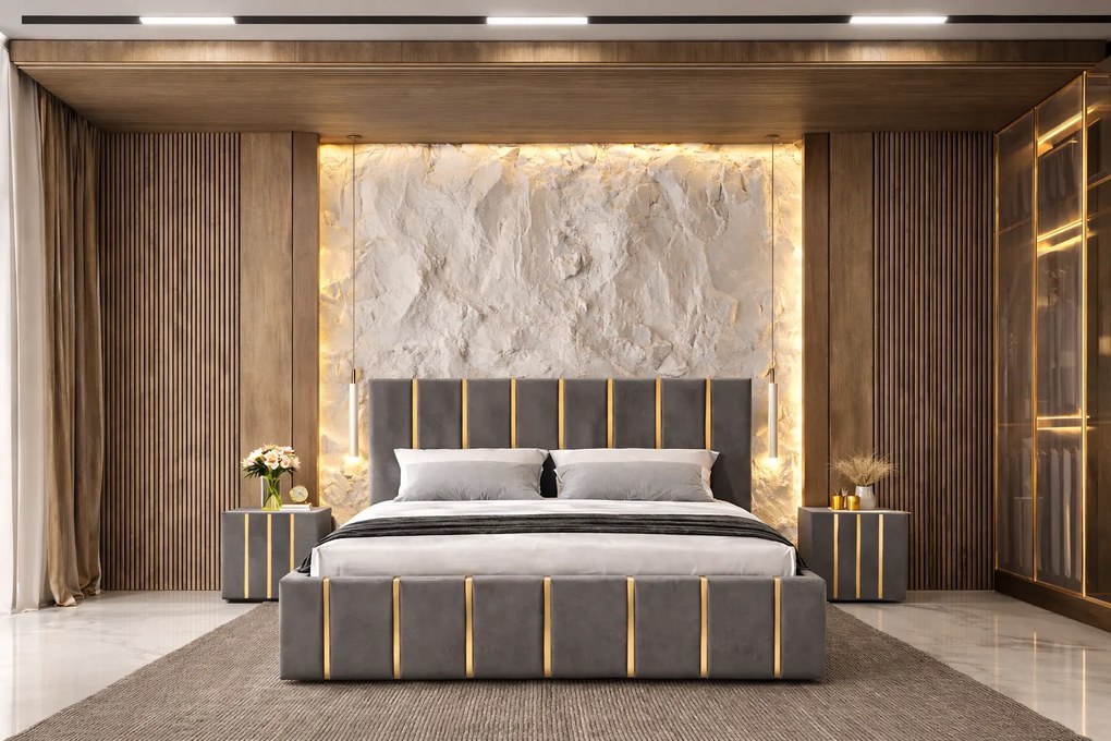 Pat tapitat Hugo 160x200 cm, Gri+ Saltea Superortopedica Gold, grosime 20 cm + Set 2 noptiere Hugo, Gri