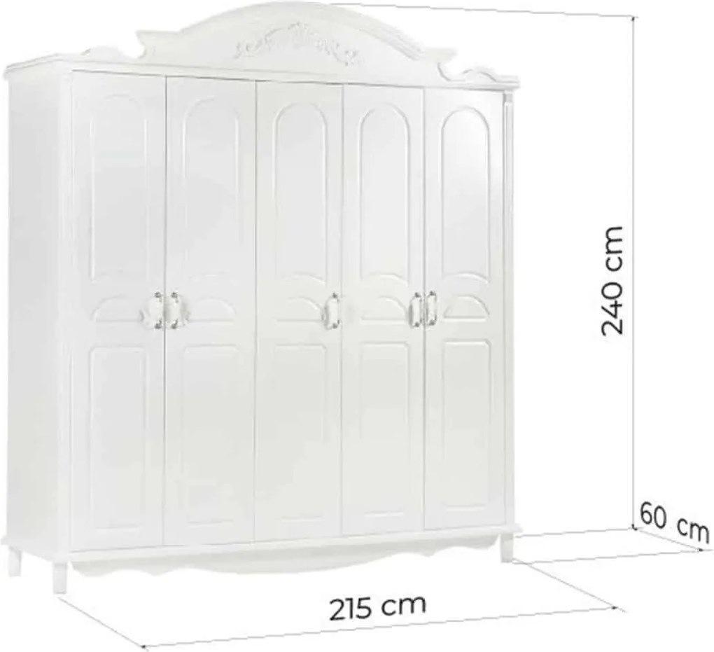 Dulap lemn masiv alb 5 Uși Elizabeth, 215 × 60 × 240 cm