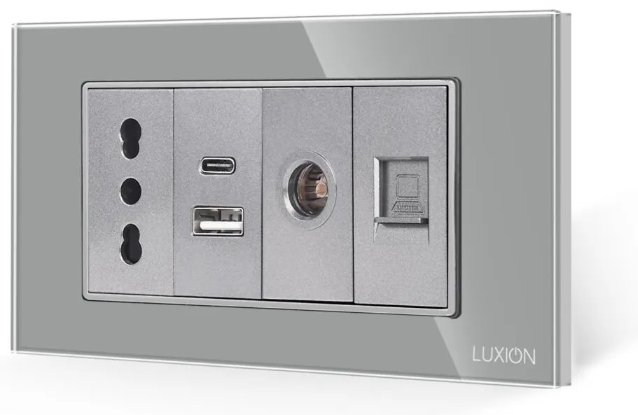 Priza Ingusta + Dubla USB + TV + Internet cu Rama Din Sticla LUXION, Standard Italian, 4M