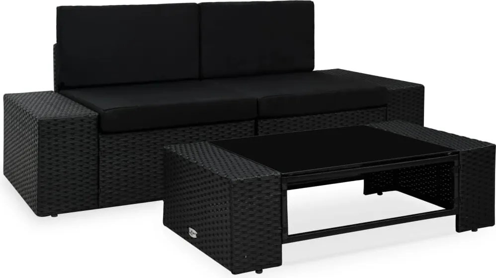 vidaXL Set mobilier de grădină, 3 piese, negru, poliratan