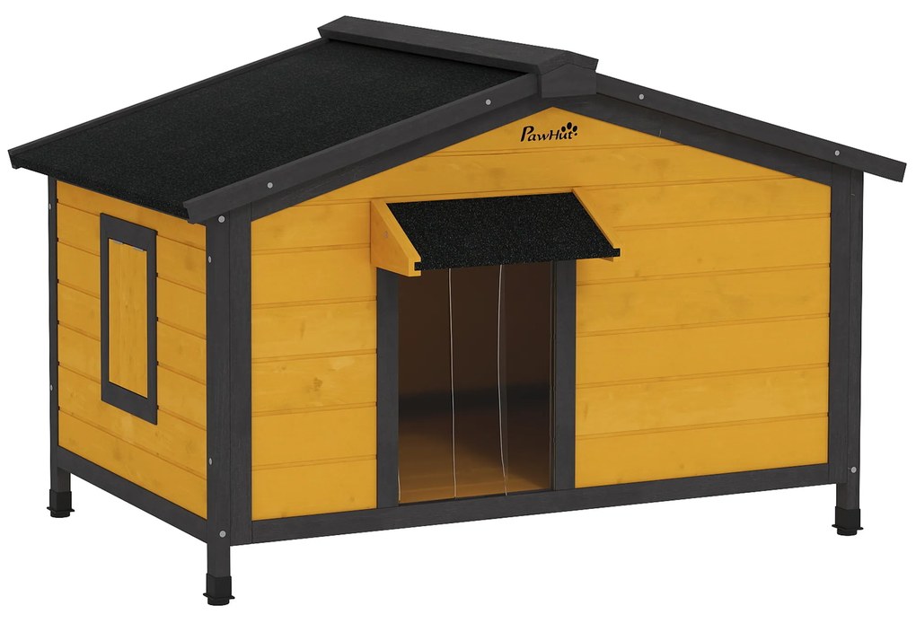 PawHut Caseta pentru Câini Exterior cu Acoperiș Asfaltic Rabatabil Ferestre și Bază Detașabilă 97x72x65 cm Lemn Natural | Aosom Romania