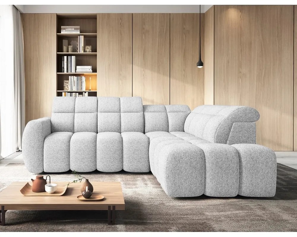 Colțar gri deschis extensibil/cu spațiu de depozitare cu tapițerie din țesătură bouclé (cu colț pe partea dreaptă/în formă de ”L”) Falconn – ELTAP