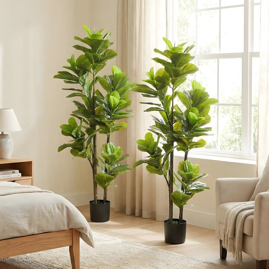HOMCOM Set de 2 plante artificiale de interior 150 cm, plantă falsă ficus lyre cu ghiveci din ciment, verde | Aosom Romania