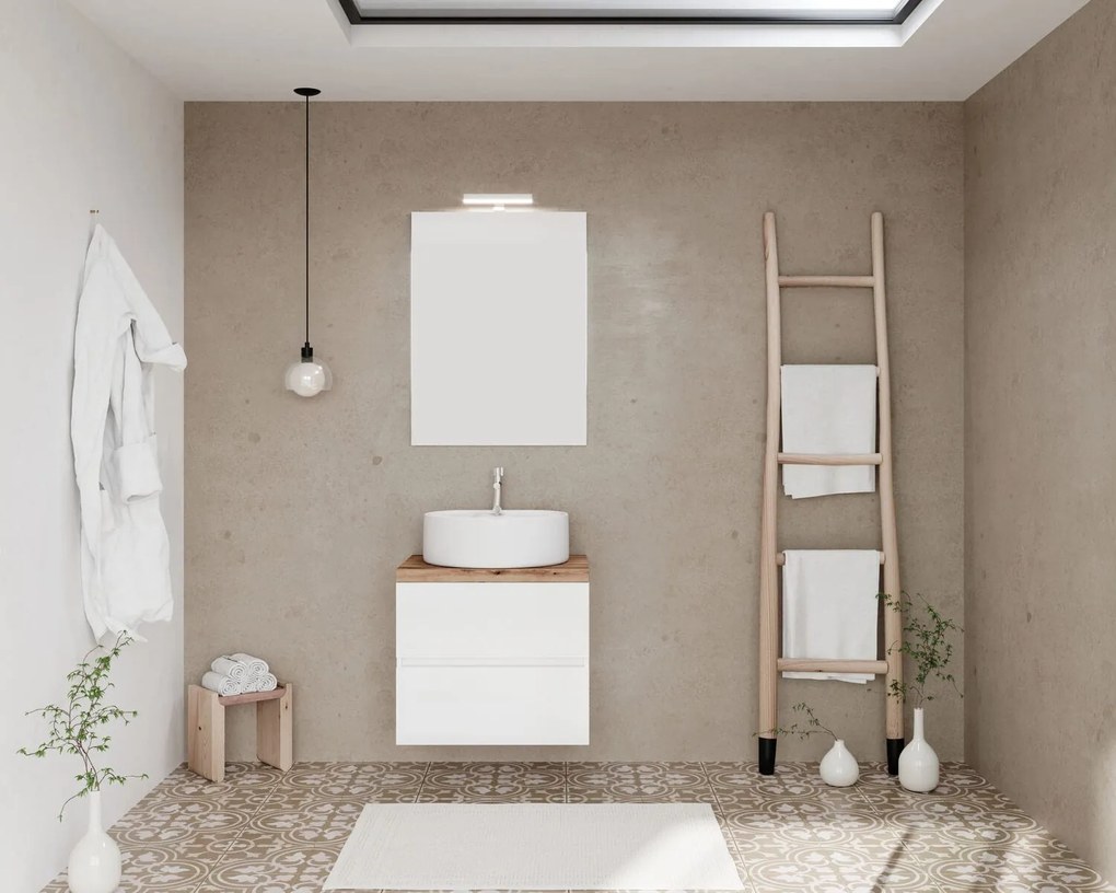 Set mobilier baie cu blat 60 cm imitatie lemn si oglinda cu LED si lampa, SaviniDue