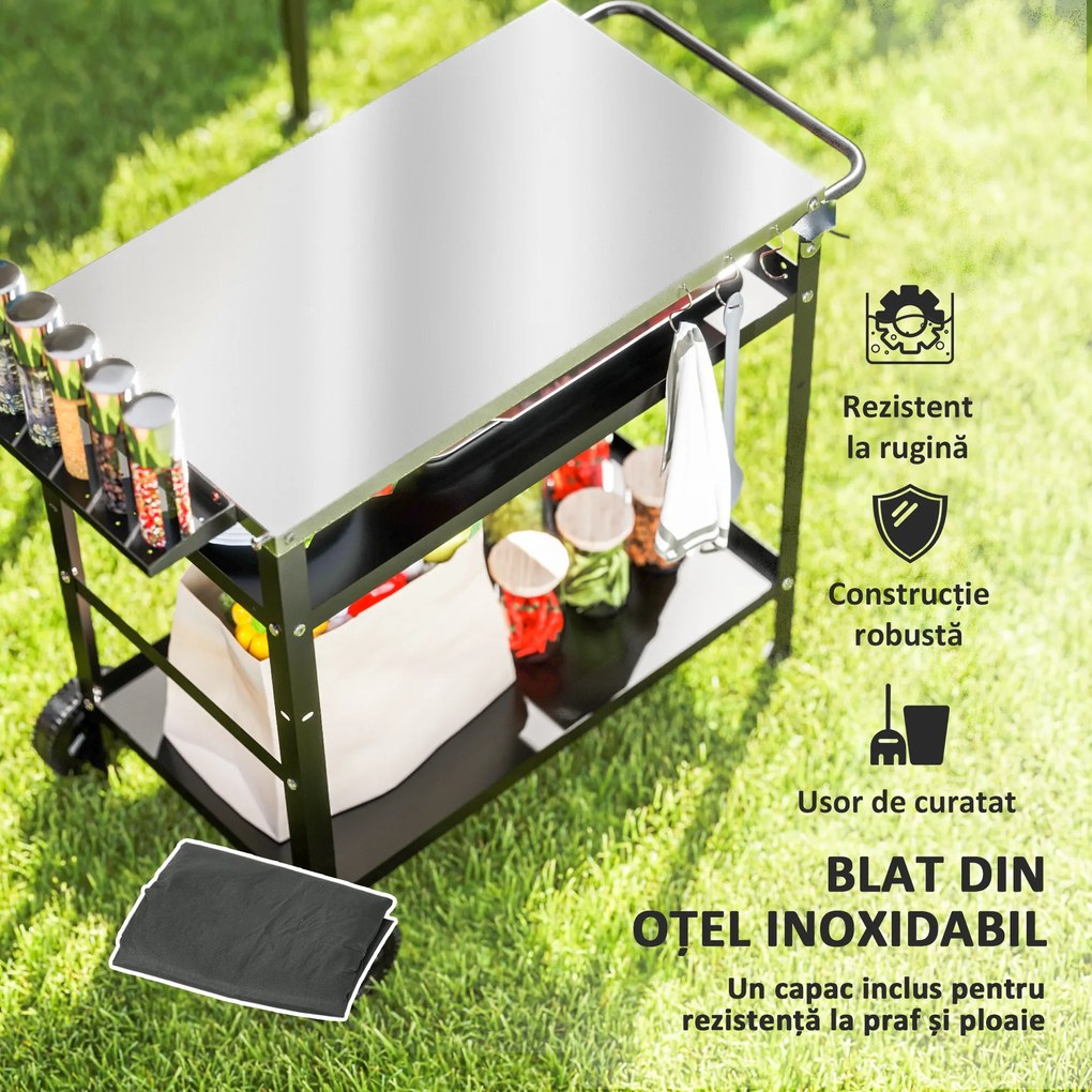 Outsunny Cărucior pentru Grătar cu Blat din Oțel Inoxidabil și Raft Reglabil, 100x52x80 cm, Negru | Aosom Romania