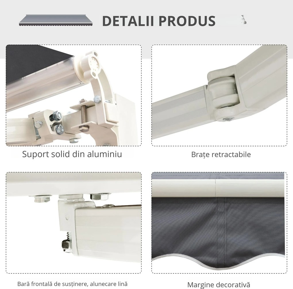 Outsunny Copertină de Soare Retractabilă Manual din Aluminiu și Țesătură Poliester, 2,5x2 m, Gri | Aosom Romania