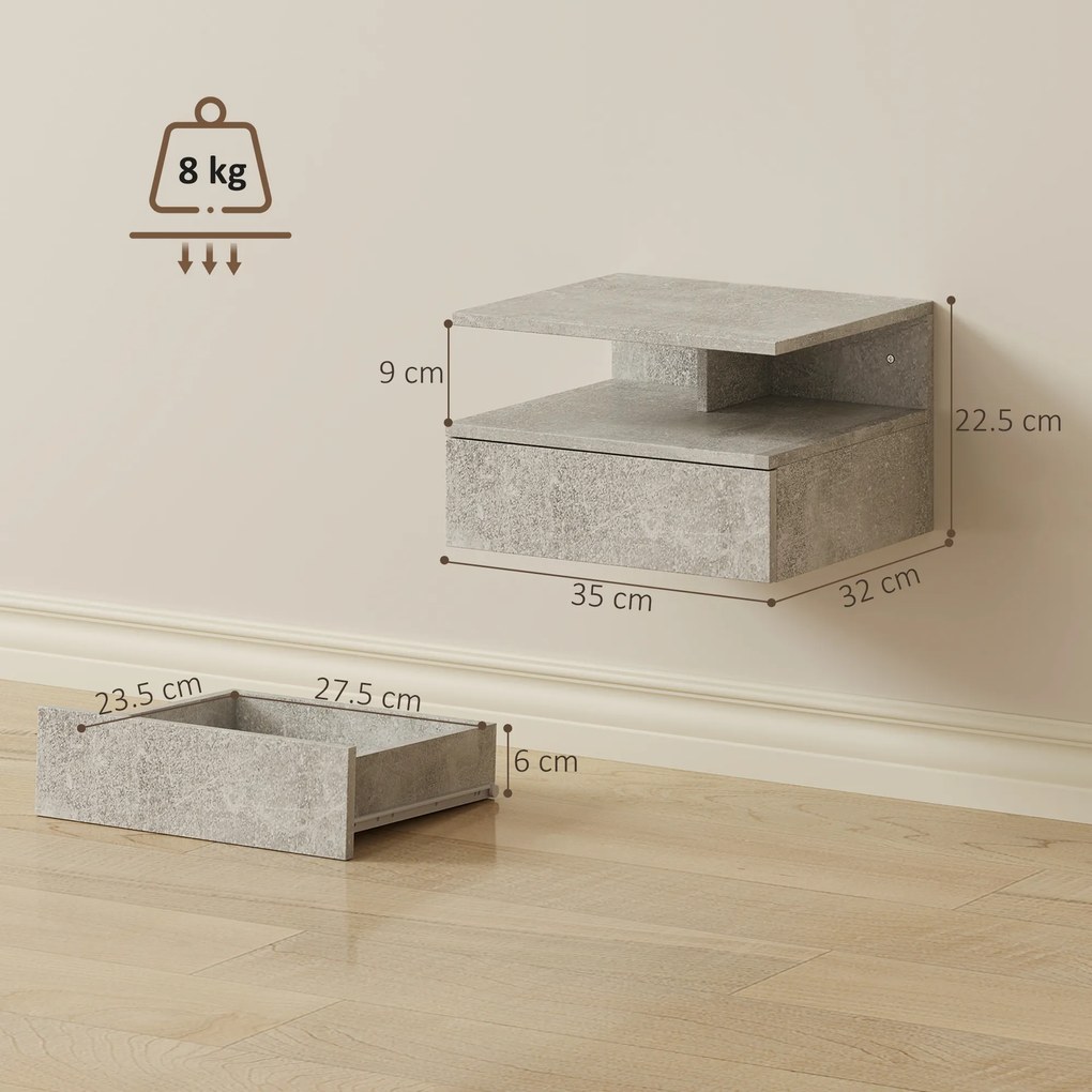 HOMCOM Set de 2 Noptiere Suspendate cu Sertar și Raft Deschis, 35x32x22.5 cm, Gri Ciment | Aosom Romania