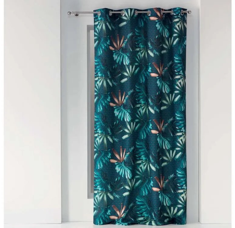 Draperie elegantă în stil scandinav, albastru închis, pe cercuri, cu frunze 140 x 260 cm