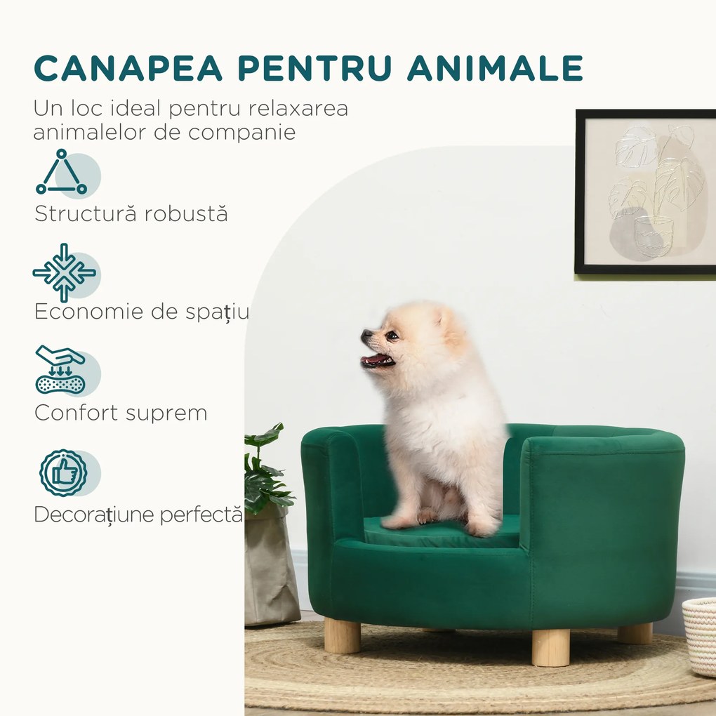 PawHut Canapea Verde Luxoasă pentru Câini, cu Spătar și Pernă Detașabilă, 65x64x37 cm | Aosom Romania