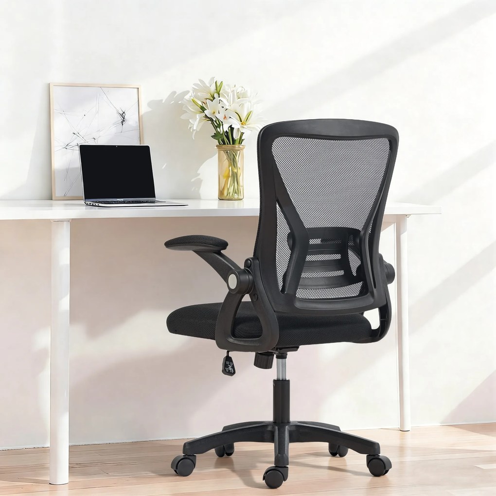 HOMCOM Scaun de Birou din Plasă cu Brațe Rabatabile, Suport Lombar, 59,5 x 56 x 103 cm, Negru | Aosom Romania
