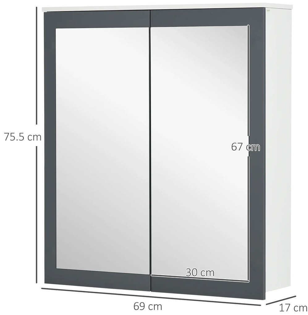 kleankin Dulap de baie cu oglindă Dulap de baie pentru agăţat cu 2 uşi din sticlă şi rafturi reglabile 69x17x75,5cm Alb | Aosom Romania