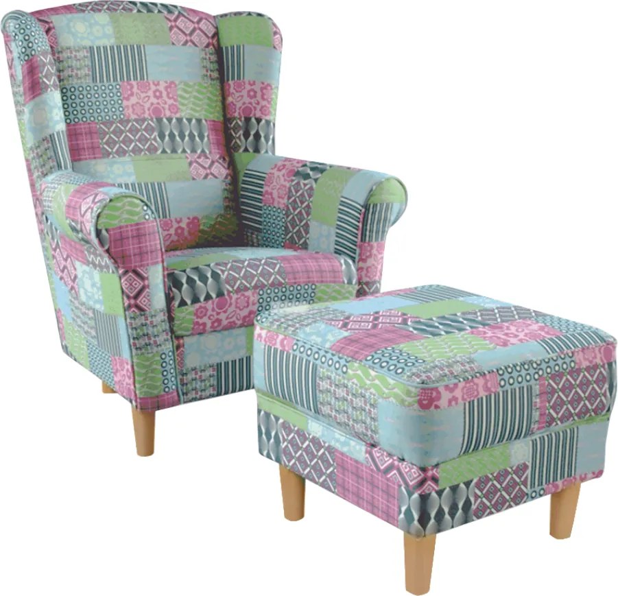 Fotoliu cu taburet, material textil în stilul patchwork M1, ASTRID