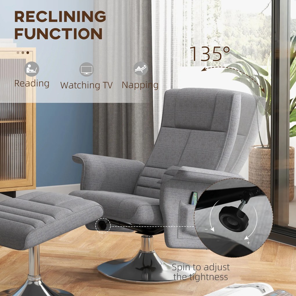 HOMCOM Fotoliu de masaj și reclinabil cu suport pentru picioare, din material textil cu efect de in, 78x90x93 cm, Gri Închis | Aosom Romania