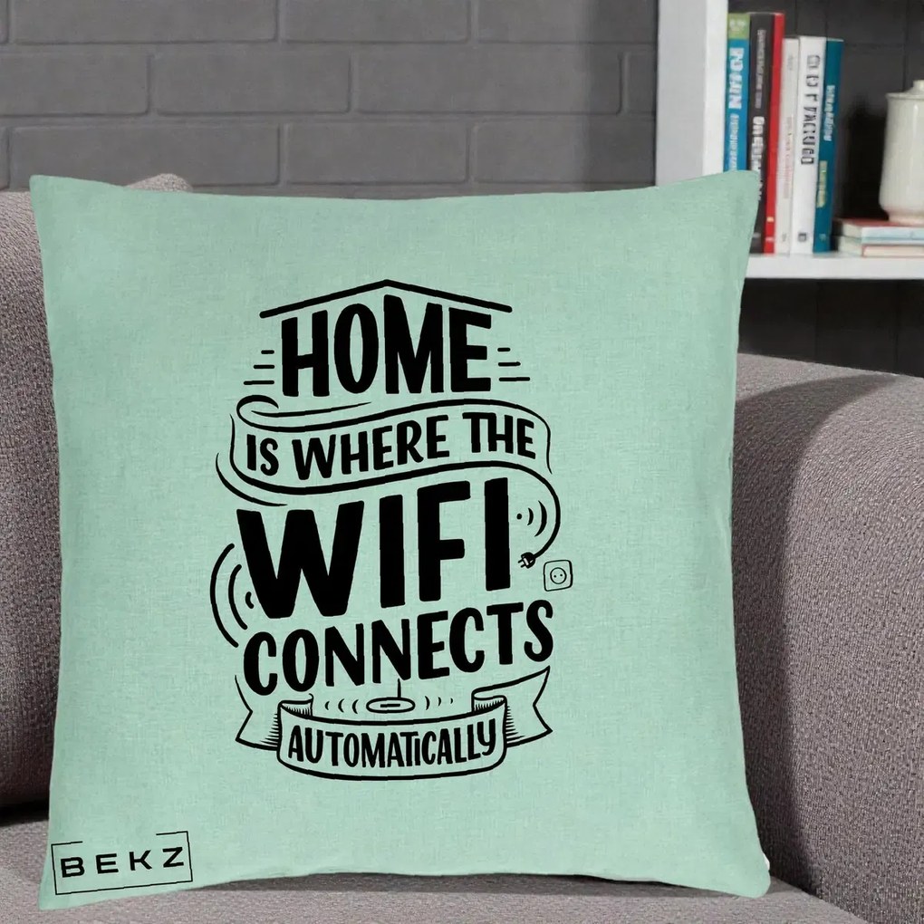 Perna Decorativa Home Is Where WiFi Connects, 40x40 cm, Verde Menta, Husa Detasabila, Perna Inclusa, BEKZ®