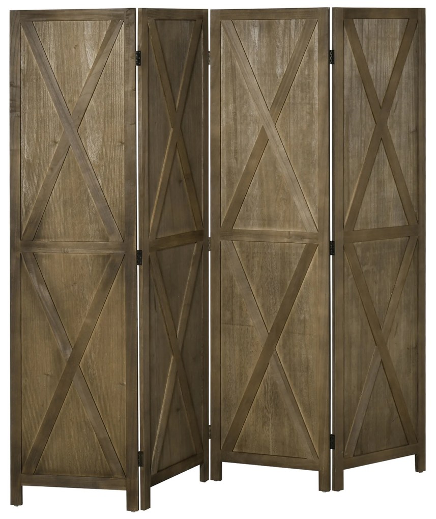 HOMCOM Paravan interior 4 Panouri 182L x 170H cm Stil rural elegant - separatoare de cameră cu cruciulite - Lemn de Paulownia Maro Gri | Aosom Romania
