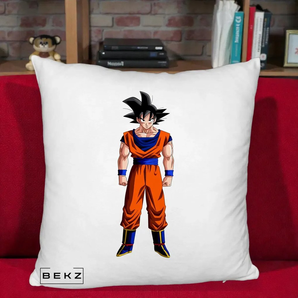 Perna Personalizata Dragon Ball Goku Complet in Gi Portocaliu, 40x40 cm, Alb Pufos, Husa Detasabila, Perna Inclusa, BEKZ®