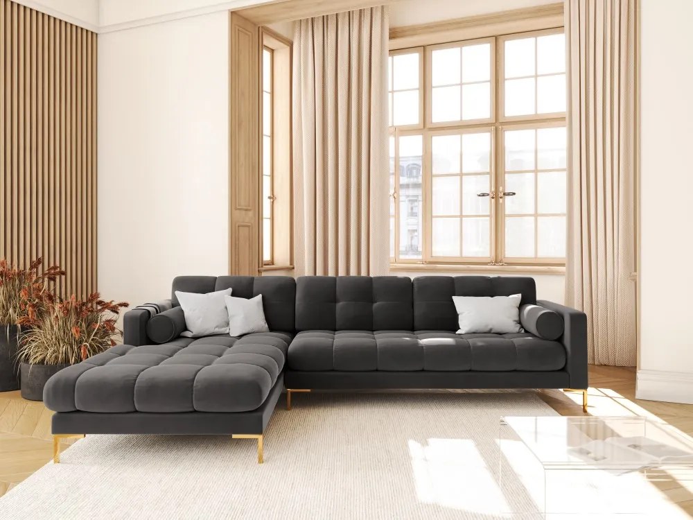 Colțar tapițat Bali, Gri închis/5 locuri/picioare gold/partea stângă/ L293 x l185 x h75