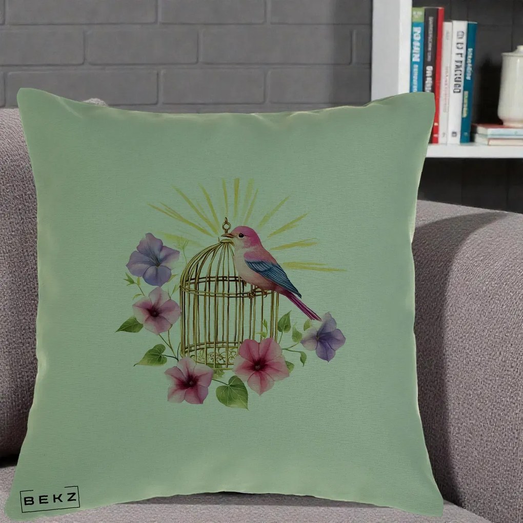 Perna Decorativa Pasare Roz pe Colivie Aurie cu Flori, 40x40 cm, Verde, Husa Detasabila, Perna Inclusa, BEKZ®