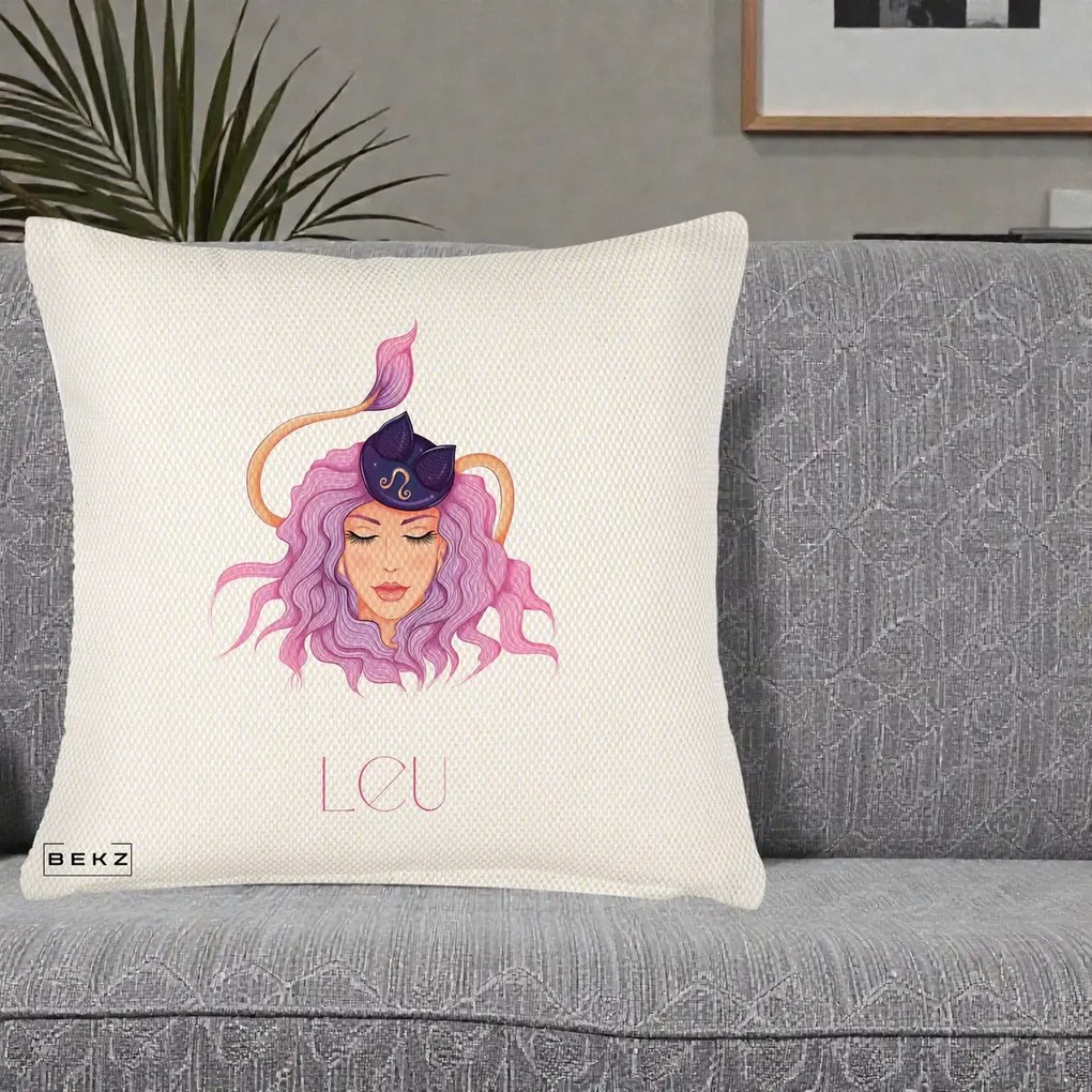 Perna Personalizata Zodie Leu, 40x40 cm, Crem Reliefat, Husa Detasabila, Perna Inclusa, BEKZ®