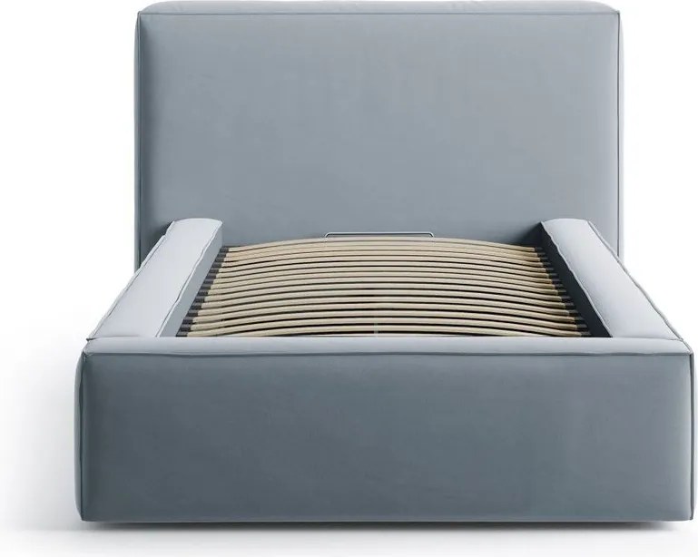 Pat albastru deschis tapițat cu spațiu de depozitare cu somieră 90x200 cm Jodie – Micadoni