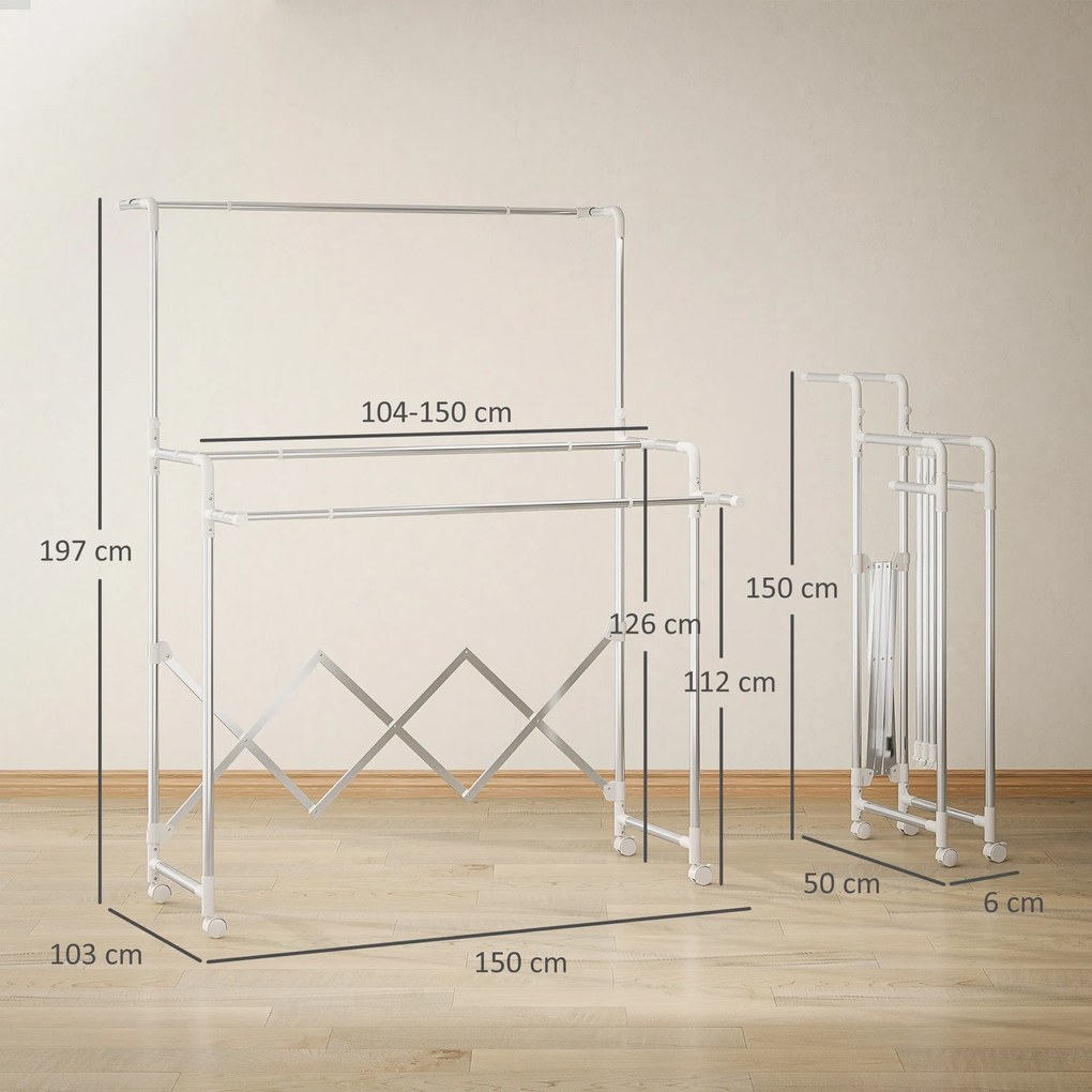 HOMCOM Uscător de Rufe Pliabil cu 3 Bare Reglabile, Uscător Vertical cu Roți Pivotante și Cadru din Oțel Inox, Uscător pentru Acasă și Spălătorie, Argintiu | Aosom Romania