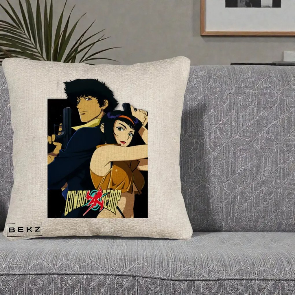 Perna Personalizata Cowboy Bebop Spike si Faye Poster, 40x40 cm, Bej Canapea, Husa Detasabila, Perna Inclusa, BEKZ®