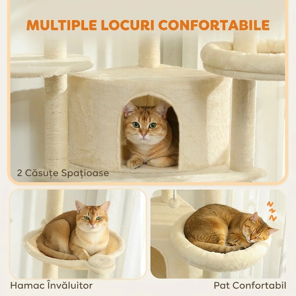 PawHut Ansablu de joacă pentru pisici, 2 căsuțe, 2 paturi și hamac, 200cm, bej | Aosom Romania