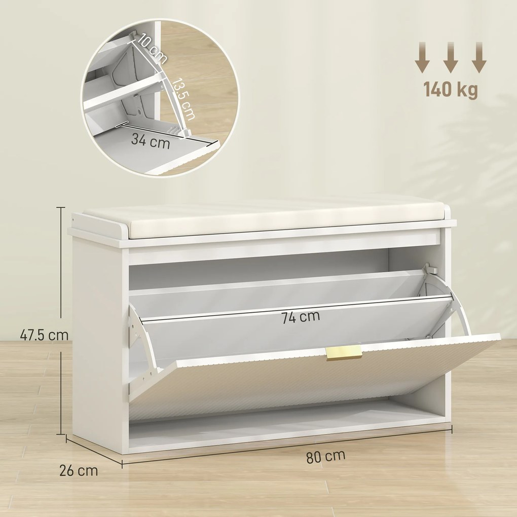 HOMCOM Bancă pentru Pantofi cu Raft Interior Reglabil și Detașabil, 80x26x47.5 cm, Alb și Bej | Aosom Romania