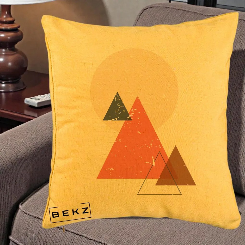 Perna Decorativa Geometric Munti si Soare, 40x40 cm, Galben, Husa Detasabila, Perna Inclusa, BEKZ®