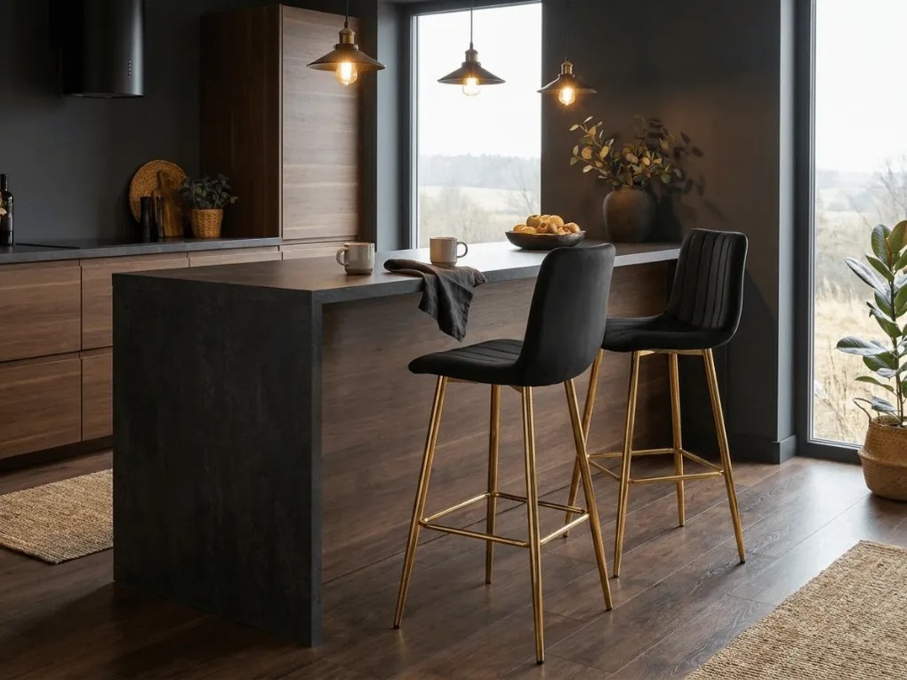 Scaun de bar POZZA VELVET cu picioare aurii, neagra