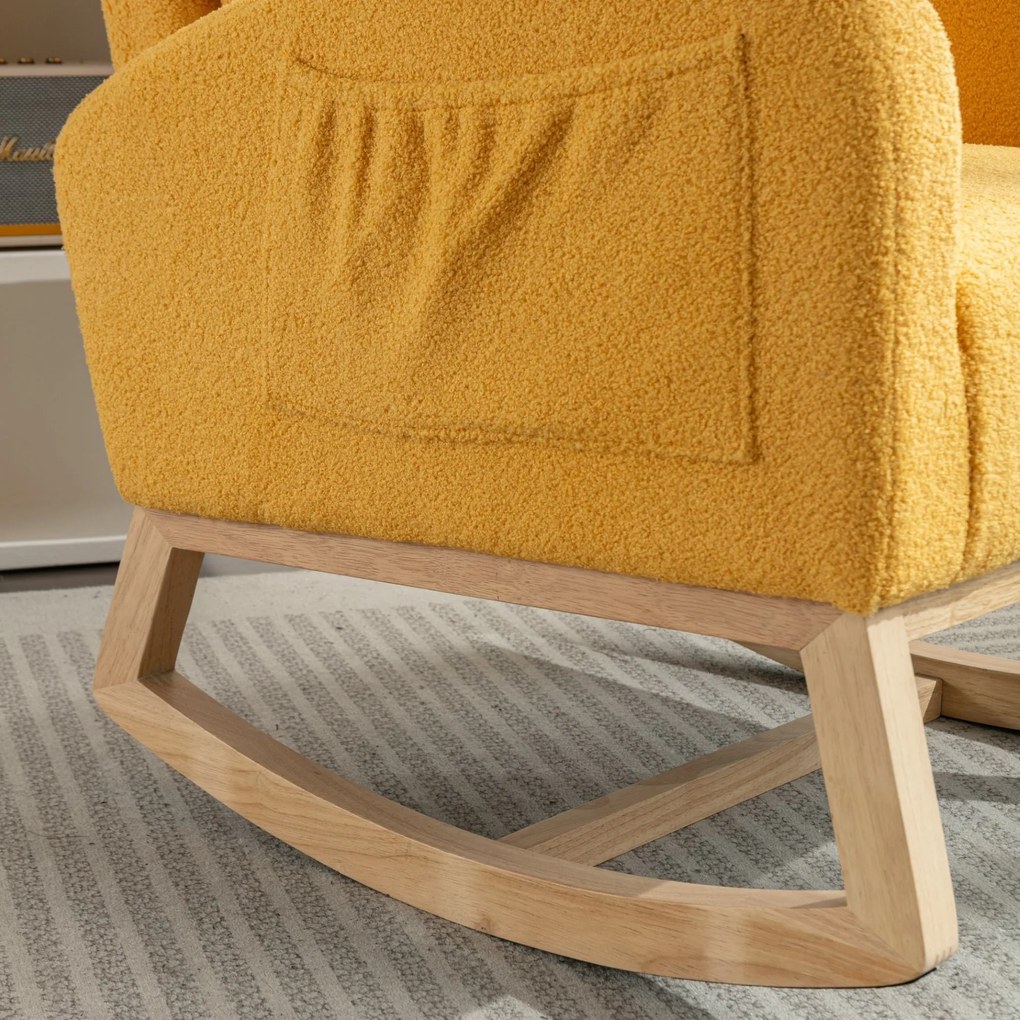 Scaun balansoar modern din material Teddy, cu șezut căptușit și buzunar lateral ascuns, pentru living și dormitor, 71x88x104,5 cm, Galben