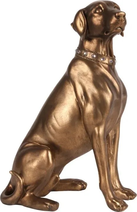 Statuetă decorativă din polirășină, bronz, câine Weimaraner așezat, cu zgardă cu strasuri, 39 x 26 x 19 cm, „Baron”