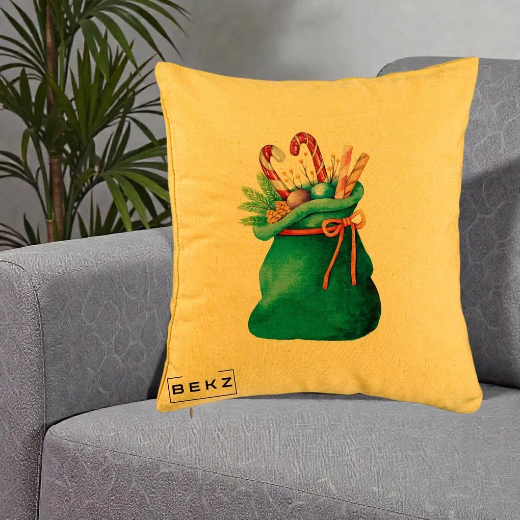 Perna Decorativa Saculet Cadouri Mos Craciun Acuarela Verde, 40x40 cm, Galben, Husa Detasabila, Perna Inclusa, BEKZ®
